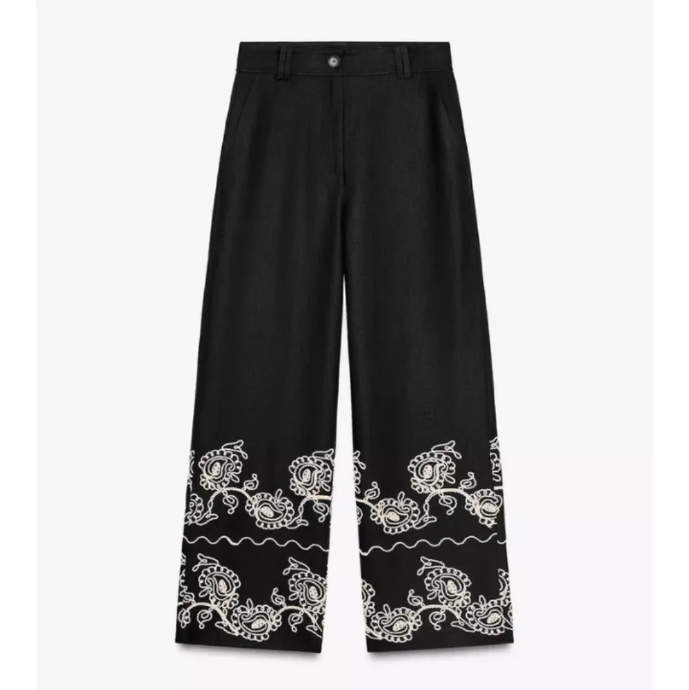 Zara Embroidered Linen Blend Black Pants And Top Set Sz-L